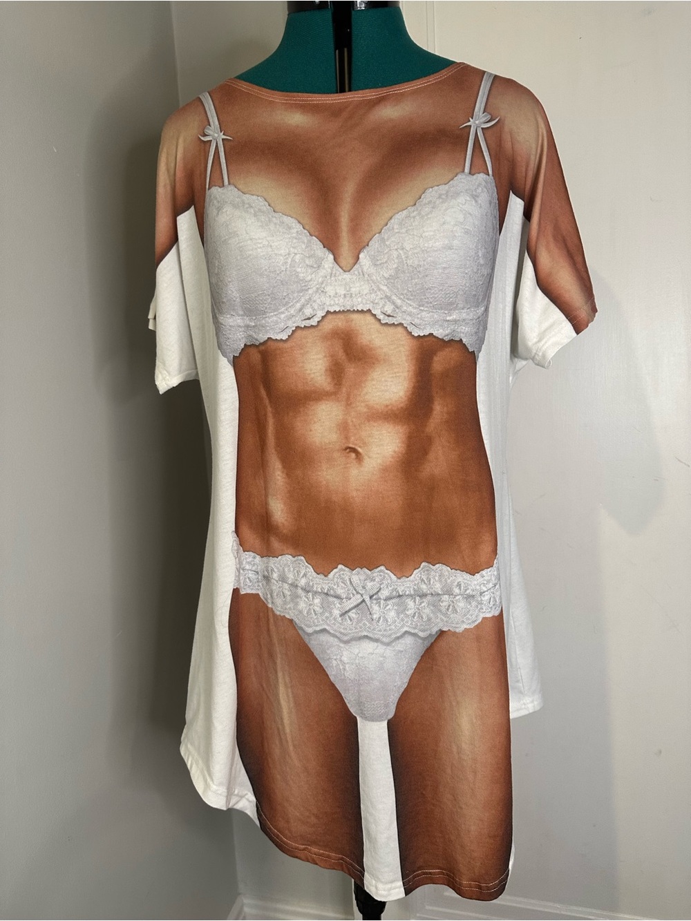 Novelty White Lingerie-Print Sleep Tee / Beach coverup with White Lace Print